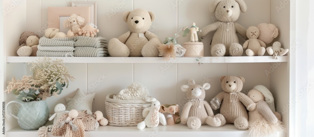 Clean nursery shelf adorned with knitwear and plush toys in color palette. AI generated image