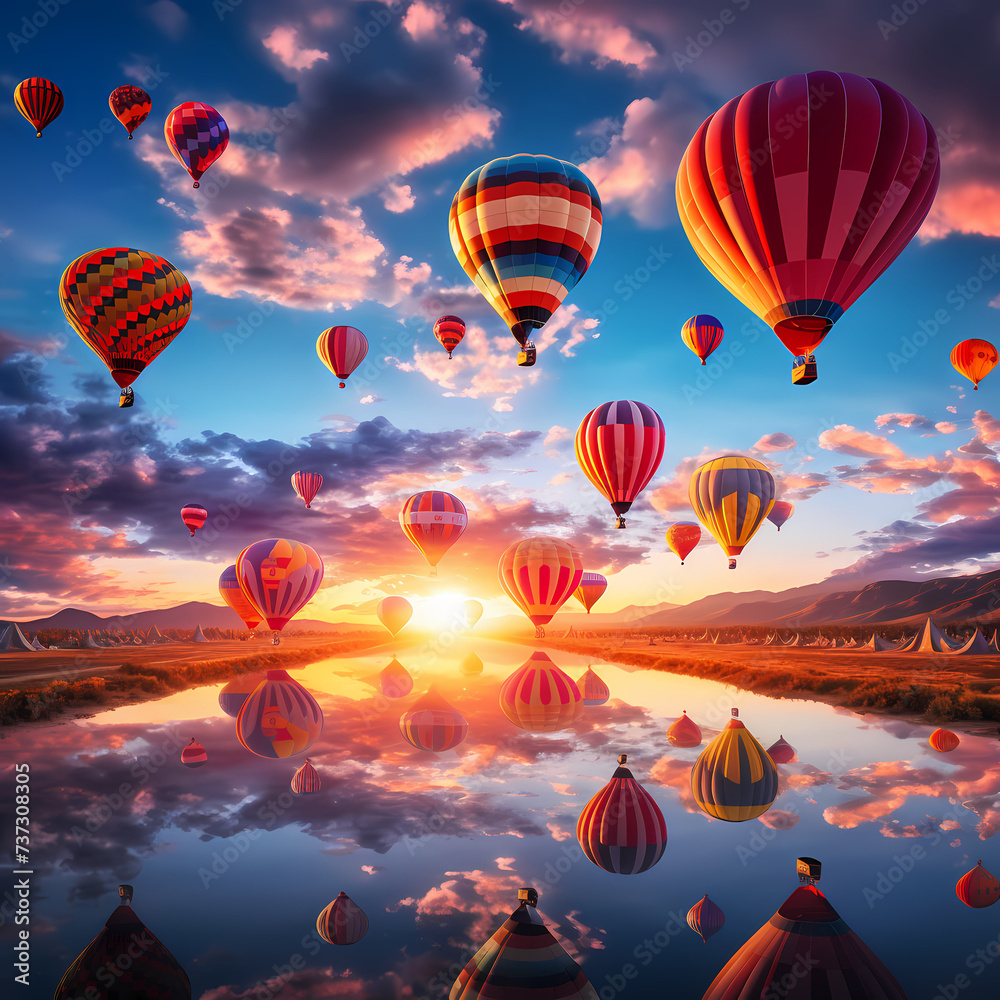 Colorful hot air balloons filling the sky at sunrise