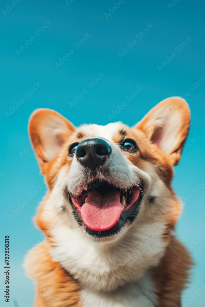 Portrait of a Happy Pembroke Welsh Corgi with a Smile on Blue Background Portrait of a Happy Pembroke Welsh Corgi with a Smile on Blue Background
