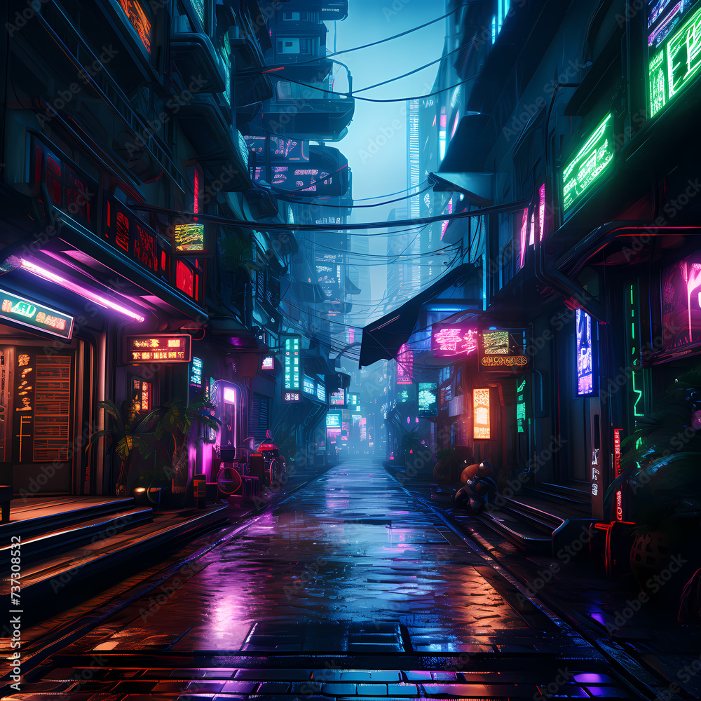 Cyberpunk alleyway with neon lights and rain.