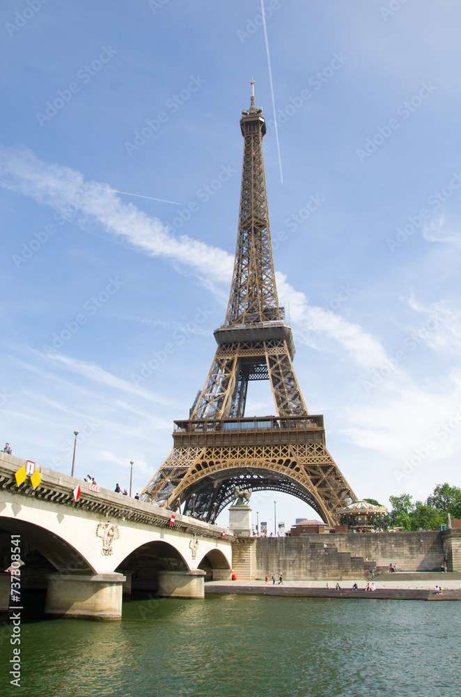 Paris, France, 30 may 2023. Travel in summer on a river boat along the Seine River in the center of city and see the sights, buildings and bridges