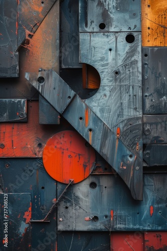 Metal Wall with Different Colors and Shapes - Organic Sculpting Dark Blue and Orange Multi Layered Mixed Media Background created with Generative AI Technology