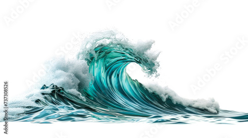 A powerful sea wave crashes against an isolated white background, showcasing the raw energy of the ocean. Isolated photo