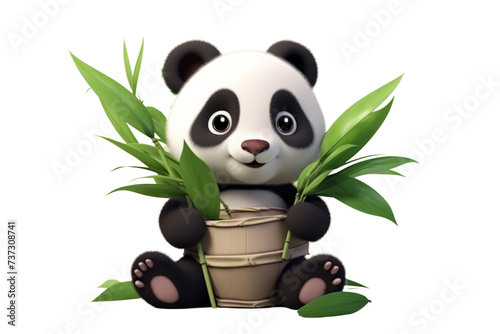3D Icon of a Cute Waving Panda with Bamboo on transparent background.