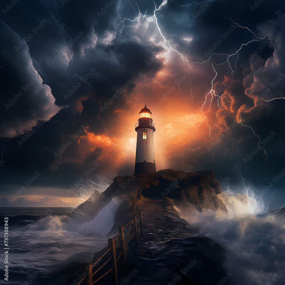 Dramatic lightning storm over a lighthouse on a cliff.