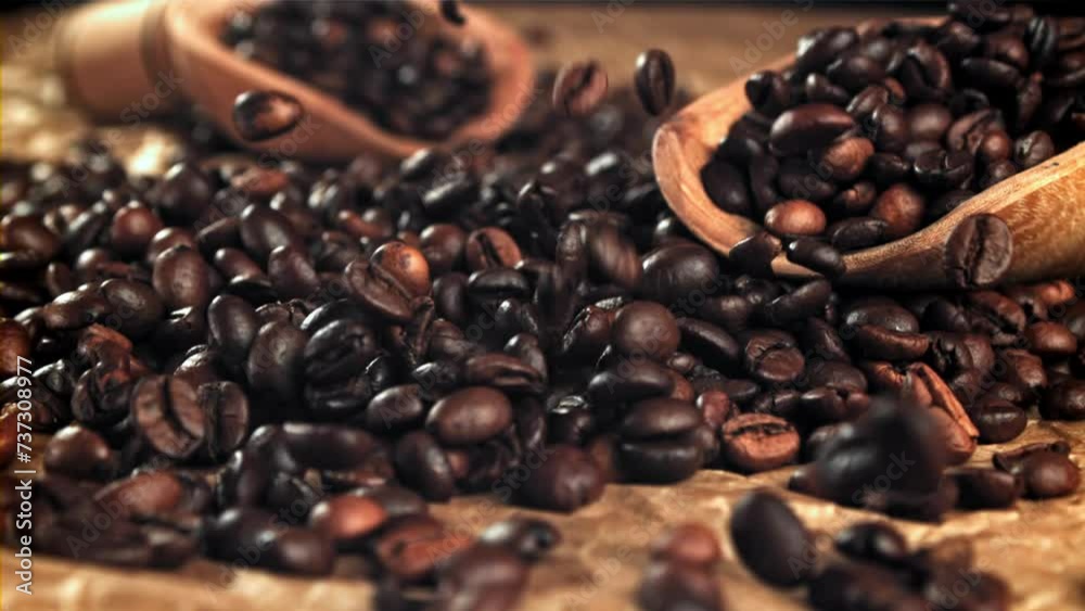 Coffee beans fall on the table. Filmed on a high-speed camera at 1000 fps. High quality FullHD footage Coffee beans fall on the table. Filmed on a high-speed camera at 1000 fps. High quality FullHD footage