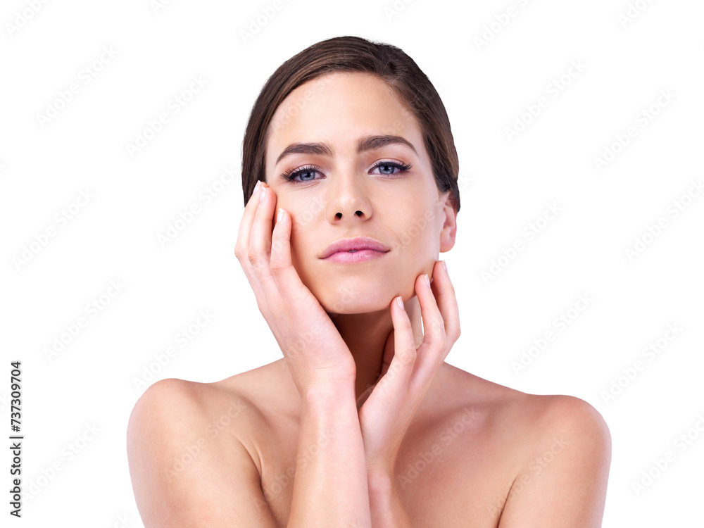 Portrait, makeup and woman touch skin, glow and smooth isolated on a transparent png background. Cosmetics, hands or face of serious female person with facial dermatology, wellness or care for beauty Portrait, makeup and woman touch skin, glow and smooth isolated on a transparent png background. Cosmetics, hands or face of serious female person with facial dermatology, wellness or care for beauty