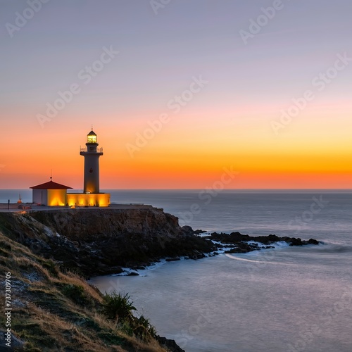 A red lighthouse under a massive sunset in the coastline of spain during a super bright day