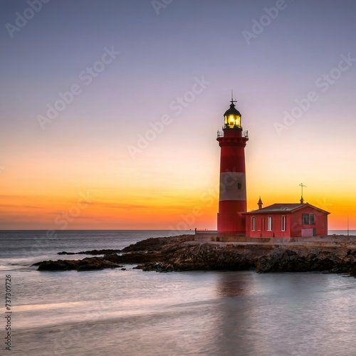 A red lighthouse under a massive sunset in the coastline of spain during a super bright day
