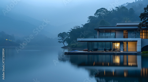 A minimalist villa, with a serene lake as the background, during a tranquil twilight © VirtualCreatures