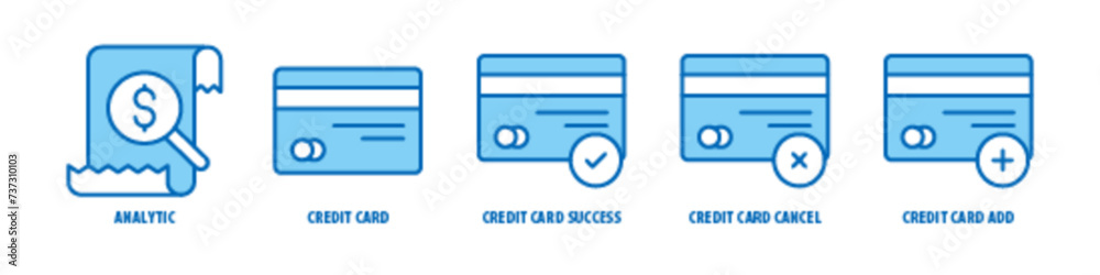 Credit Card add, Credit Card Cancel, Credit card Success, Credit Card Analytic editable stroke outline icons set isolated on white background flat vector illustration. Credit Card add, Credit Card Cancel, Credit card Success, Credit Card Analytic editable stroke outline icons set isolated on white background flat vector illustration.