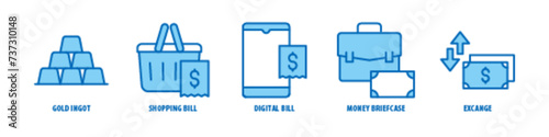 Exchange, Money Briefcase, Digital Bill, Shopping Bill, Gold Ingot editable stroke outline icons set isolated on white background flat vector illustration. photo