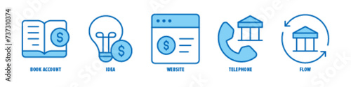 Flow, Telephone, Website, Idea, Book Account editable stroke outline icons set isolated on white background flat vector illustration.