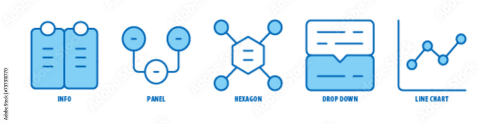 Line chart, Drop down, Hexagon, Panel, Info editable stroke outline icons set isolated on white background flat vector illustration. Line chart, Drop down, Hexagon, Panel, Info editable stroke outline icons set isolated on white background flat vector illustration.