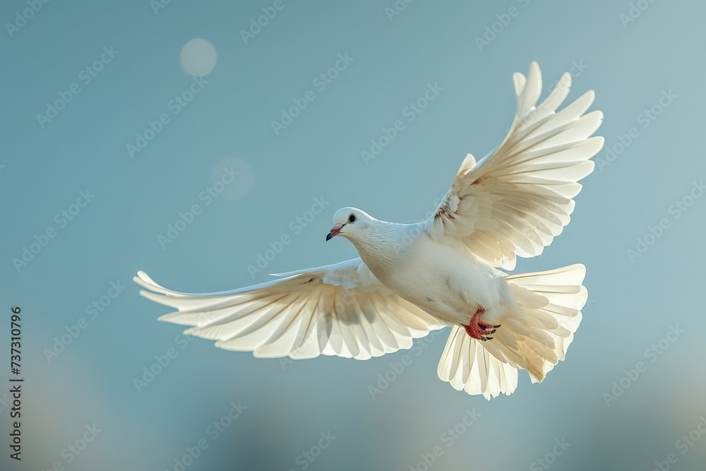 White dove of peace flying in a blue sky. Symbol of peace, no to war. White dove of peace flying in a blue sky. Symbol of peace, no to war.