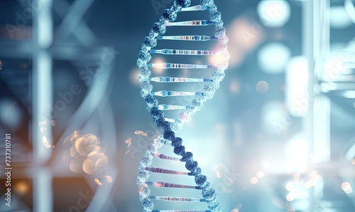 Innovative technology for science and medicine, biomolecule DNA isolated on blue background, image of DNA strand made of light