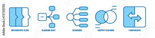 Comparison, Snippet Diagram, Diagrams, Diagram root, Infographic slide editable stroke outline icons set isolated on white background flat vector illustration.