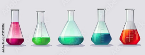 Laboratory different equipment glass test tubes filled with colored liquids. Glass tubes, flasks, beakers and other chemical and medical laboratory measuring equipment