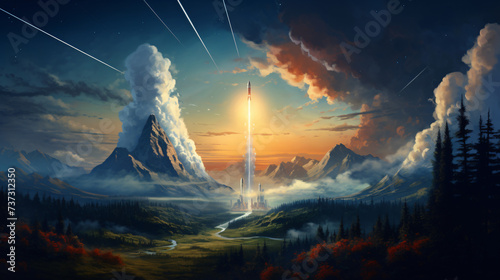  Heavy Rocket Launch On the magical Background.
