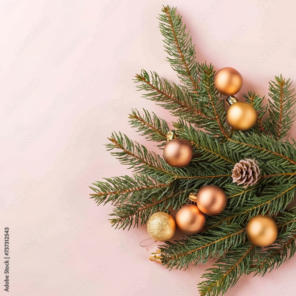 Christmas background, natural fir tree branches with gold christmas balls and golden decortation on pink pastel background