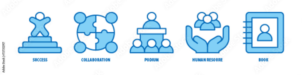 Book, Human Resource, Podium, Collaboration, Success editable stroke outline icons set isolated on white background flat vector illustration. Book, Human Resource, Podium, Collaboration, Success editable stroke outline icons set isolated on white background flat vector illustration.