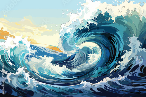 Big wave in a raging sea. A strong storm in the ocean. Big waves. Blue tones. The power of raging nature. Seascape, artwork. Vector illustration design photo