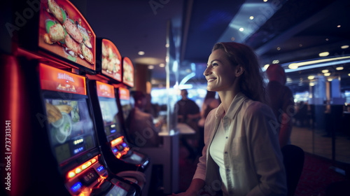 Young beautiful woman extremely happy about winning at slot machines. Luck in casino for this lady. 
