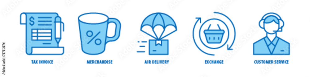 Customer Service, Exchange, Air Delivery, Merchandise, Tax Invoice editable stroke outline icons set isolated on white background flat vector illustration. Customer Service, Exchange, Air Delivery, Merchandise, Tax Invoice editable stroke outline icons set isolated on white background flat vector illustration.
