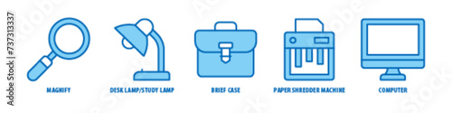 Computer, Paper shredder machine, Briefcase, Desk lamp/study lamp, Magnify editable stroke outline icons set isolated on white background flat vector illustration.