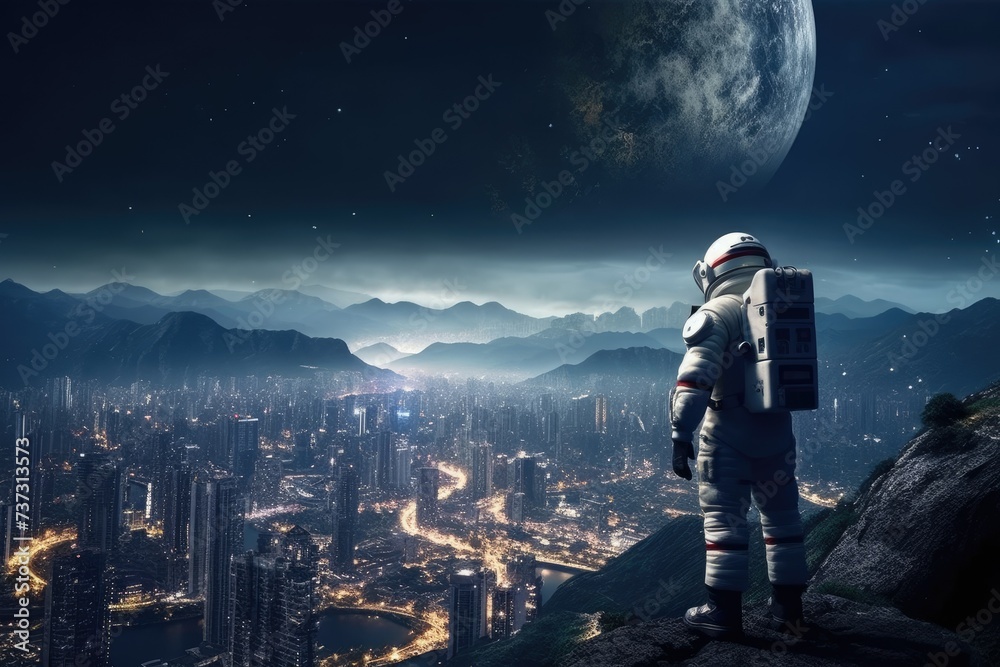Astronaut and moon overlooking city night view, astronaut on top of mountain