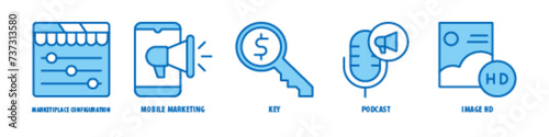 Image HD, Podcast, Key, Mobile marketing, Marketplace configuration editable stroke outline icons set isolated on white background flat vector illustration.
