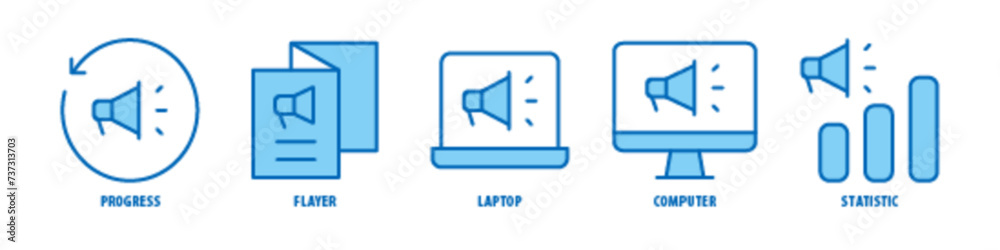 Statistic, Computer, Laptop, Flyer, Progress editable stroke outline icons set isolated on white background flat vector illustration. Statistic, Computer, Laptop, Flyer, Progress editable stroke outline icons set isolated on white background flat vector illustration.