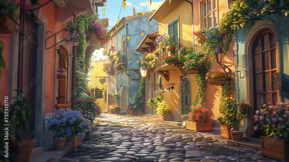 cobblestone street in a European village, lined with charming pastel-colored houses, blooming flower boxes on windowsills