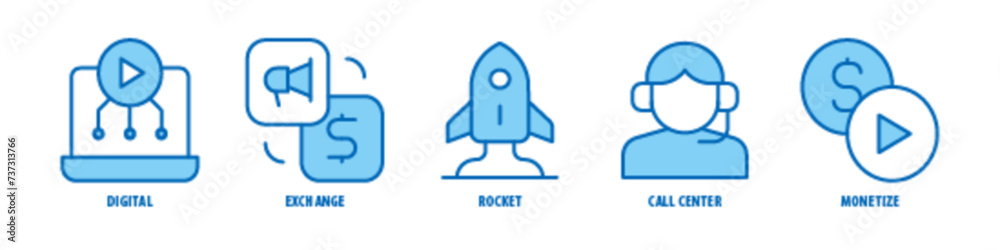 Monetize, Call Center, Rocket, Exchange, Digital editable stroke outline icons set isolated on white background flat vector illustration. Monetize, Call Center, Rocket, Exchange, Digital editable stroke outline icons set isolated on white background flat vector illustration.