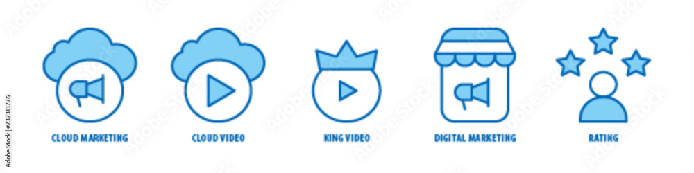 Rating, Digital Marketing, King Video, Cloud Video, Cloud Marketing editable stroke outline icons set isolated on white background flat vector illustration. Rating, Digital Marketing, King Video, Cloud Video, Cloud Marketing editable stroke outline icons set isolated on white background flat vector illustration.
