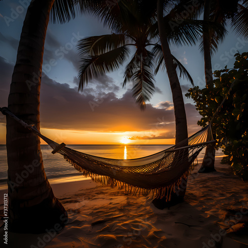 Serene beach sunset with palm trees and a hammock. © Cao