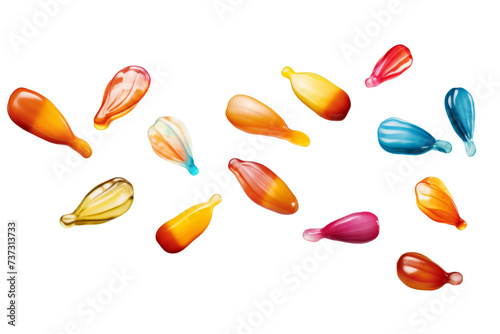 Round colorful Jelly falling in the air isolated on background, jellybeans candy for sweet dessert meal.