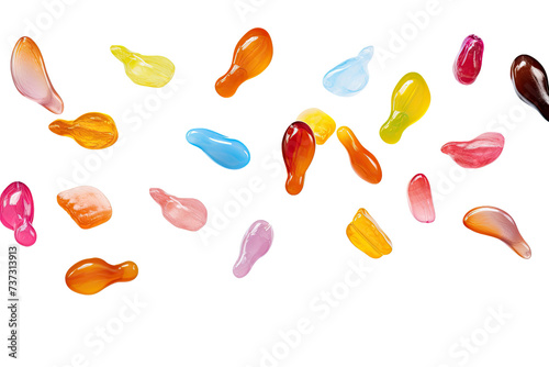 Round colorful Jelly falling in the air isolated on background, jellybeans candy for sweet dessert meal.