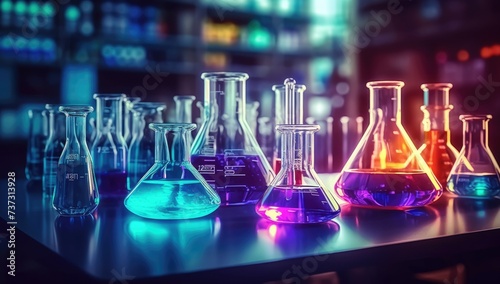 Many beakers, flasks, glasses and other laboratory equipment in the laboratory