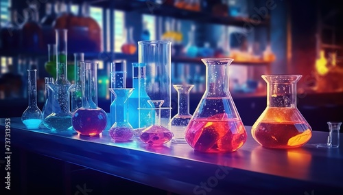 Many beakers, flasks, glasses and other laboratory equipment in the laboratory