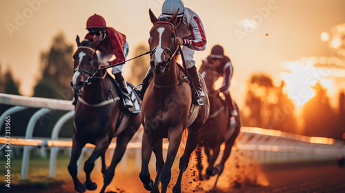 Galloping race horses and jockeys racing towards the finish line © daniel