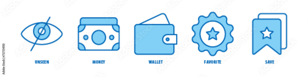 Save, Favorite, Wallet, Money, Unseen editable stroke outline icons set isolated on white background flat vector illustration.