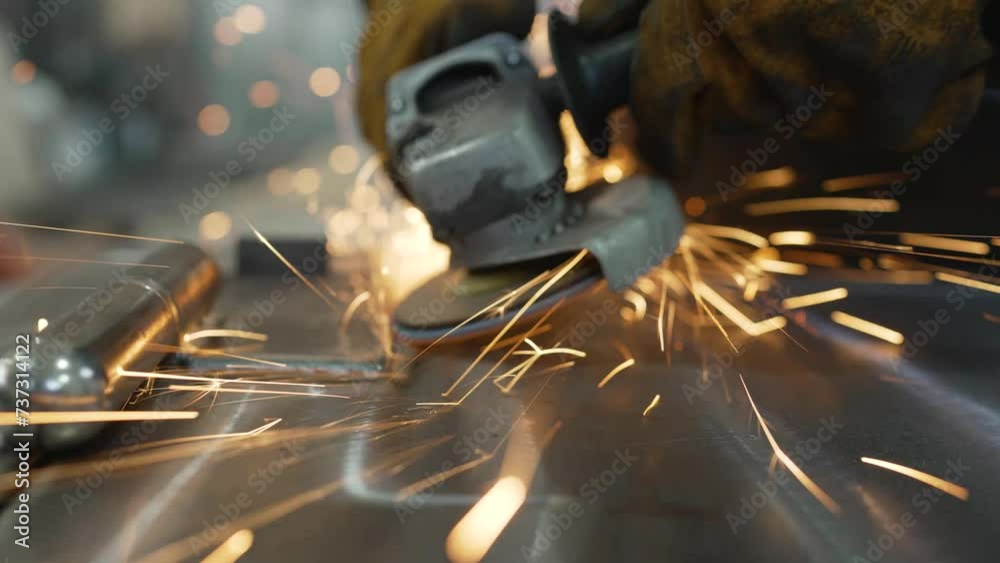 A metal saw close-up on the sides flies with bright sparks from an angle grinder. Hot sparks when grinding steel material. Metal scraping, flying sparks, close-up. Metal worker using a grinding A metal saw close-up on the sides flies with bright sparks from an angle grinder. Hot sparks when grinding steel material. Metal scraping, flying sparks, close-up. Metal worker using a grinding