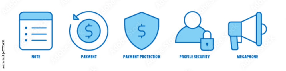 Megaphone, Profile, Security, Payment Protection, Payment, Note editable stroke outline icons set isolated on white background flat vector illustration. Megaphone, Profile, Security, Payment Protection, Payment, Note editable stroke outline icons set isolated on white background flat vector illustration.