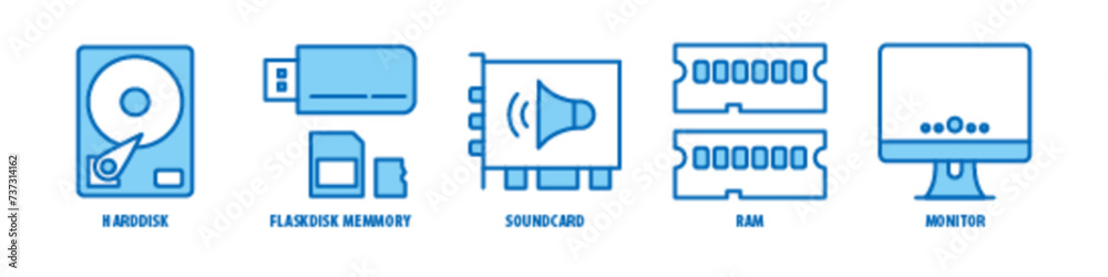 Monitor, RAM, Sound card, Flask disk, Memory, Hard disk editable stroke outline icons set isolated on white background flat vector illustration. Monitor, RAM, Sound card, Flask disk, Memory, Hard disk editable stroke outline icons set isolated on white background flat vector illustration.