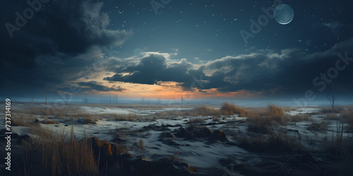  night sky with stars and moon and clouds nautical navy coastline beach landscape background illustration 