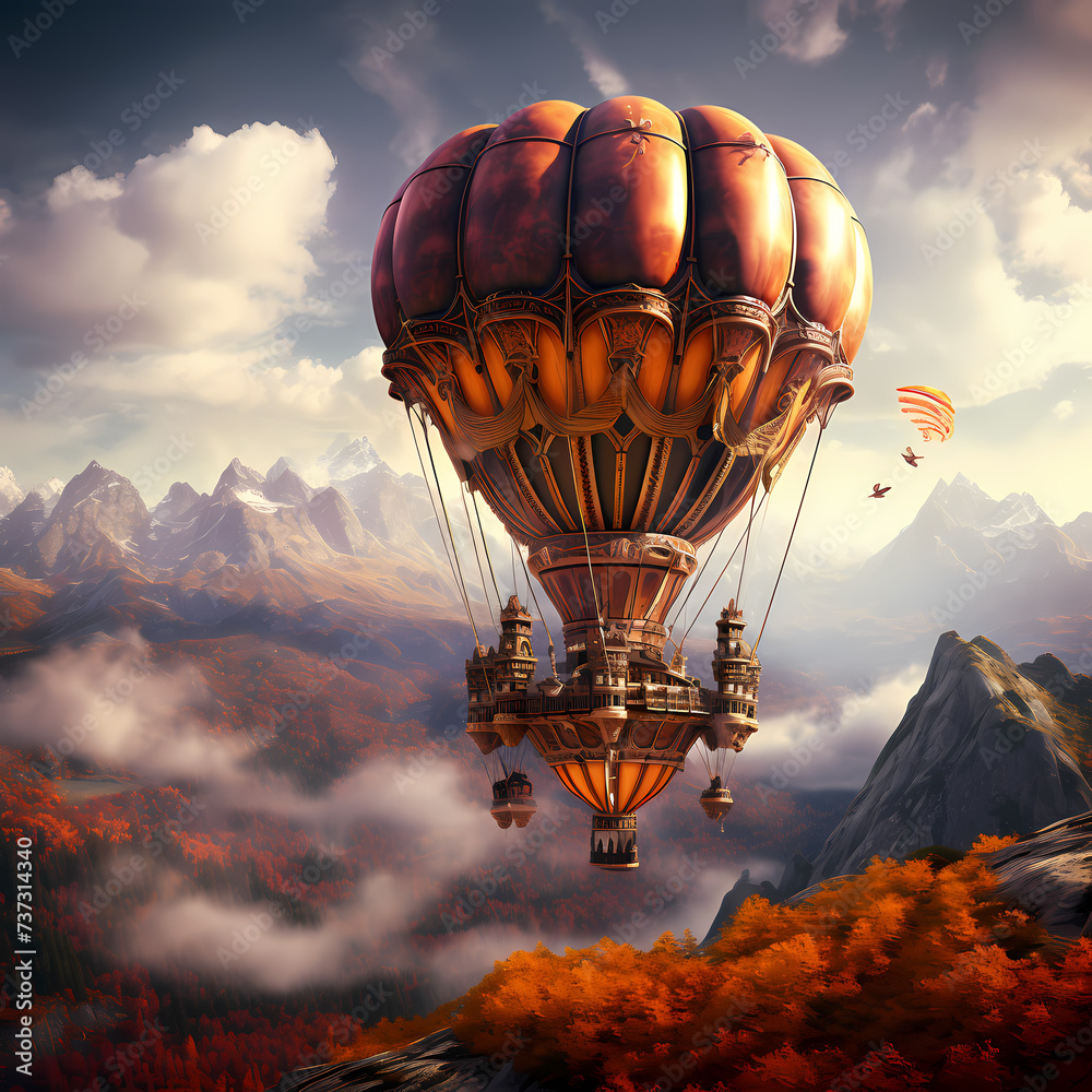 Steampunk-inspired hot air balloon over a mountain