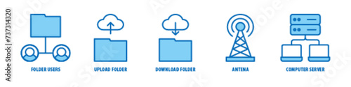 Computer Server, Antena, Download Folder, Upload folder, Folder users editable stroke outline icons set isolated on white background flat vector illustration.