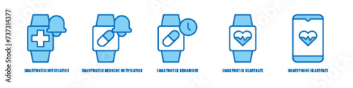 Smartphone, Heartrate, heartrate, Smartwatch Remainder, Medicine Notification, Smartwatch Notification editable stroke outline icons set isolated on white background flat vector illustration.