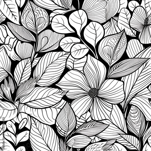 Black and white coloring book style nature inspired seamless tile